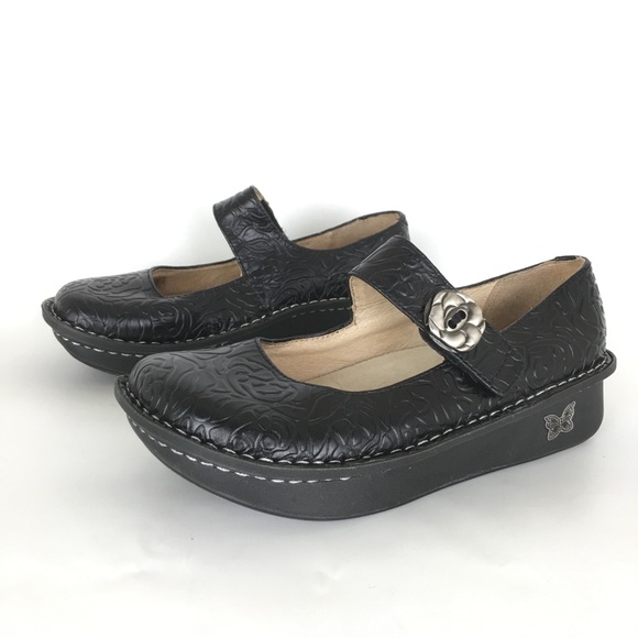 Alegria Paloma Floral Rose Embossed Mary Jane Shoes Black Leather Women’s Size 7 - Picture 5 of 13
